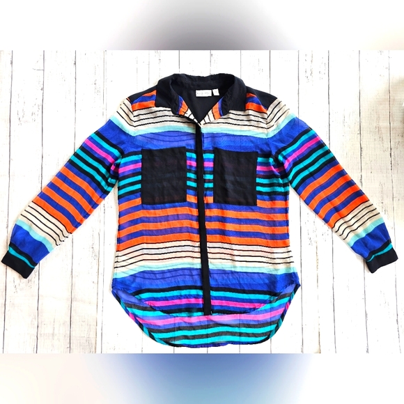Bisou Bisou Bold Bright Colorful Striped Chiffon Sheer Button up Blouse Top - Picture 5 of 13